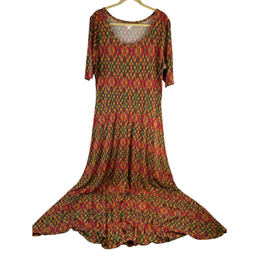 LuLaRoe Ana Maxi Dress Red Orange Ikat Geometric Scoop Neck Half Sleeve Plus 3XL